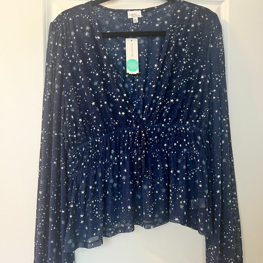 Madison & Berkeley Navy Star Mesh Top XL Long Sleeve Smocked Waist NWT